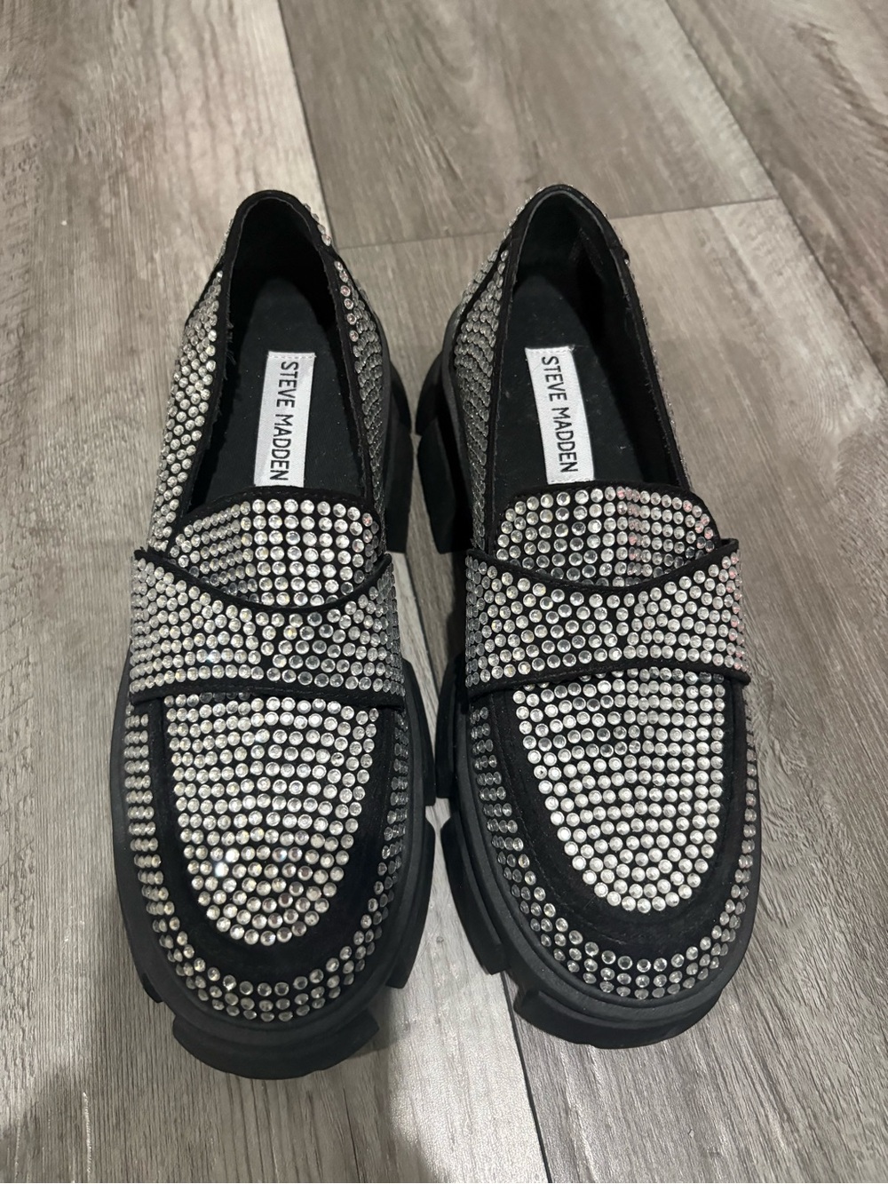 Steve Madden Black Loafers with Silver Crystal Studs